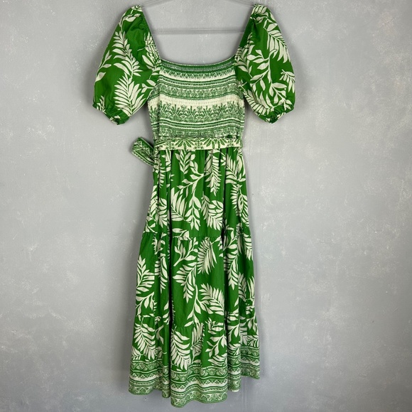 Aura maxi dress size M square neck puff sleeve Kelly green leaf print cotton - Picture 7 of 12
